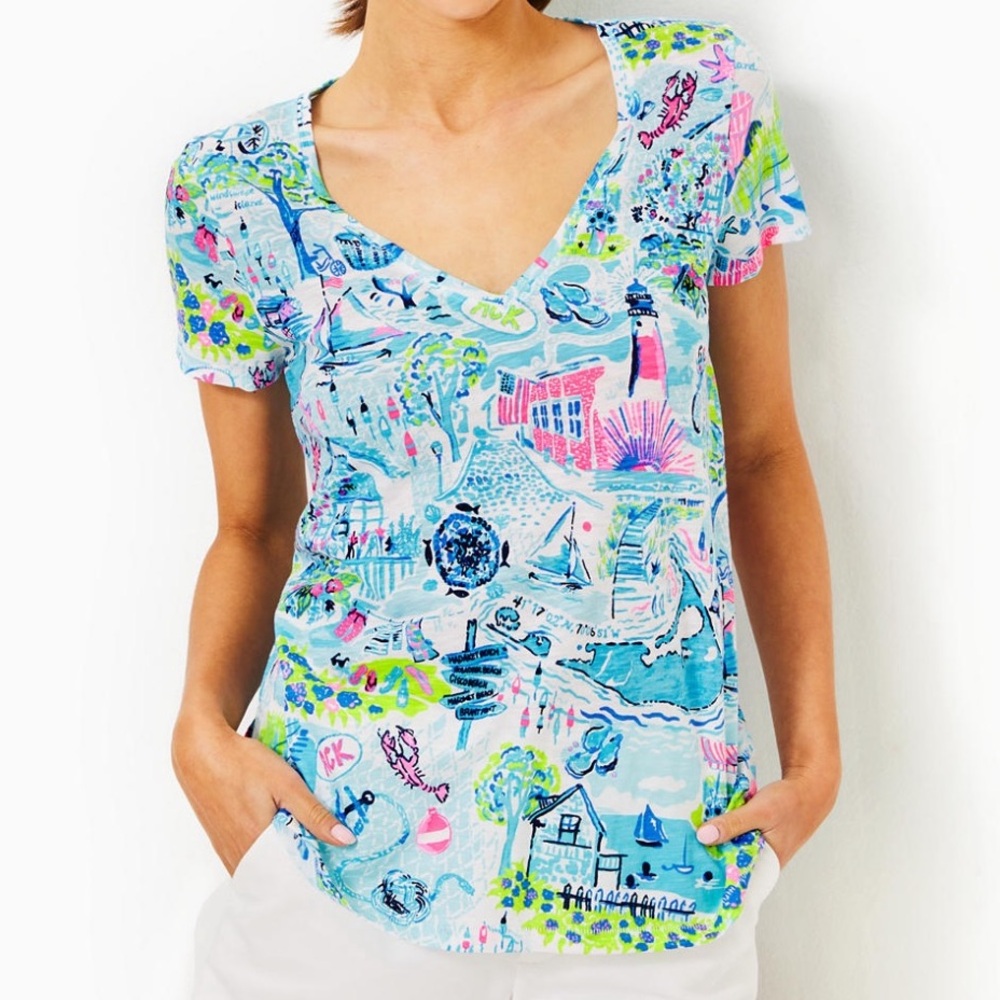 NWT Lilly Pulitzer Etta Lilly Loves Nantucket Whisper Blue Colorful Graphic Top